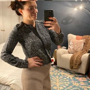 Joie black and blue tweed evening jacket with leather trim. XS